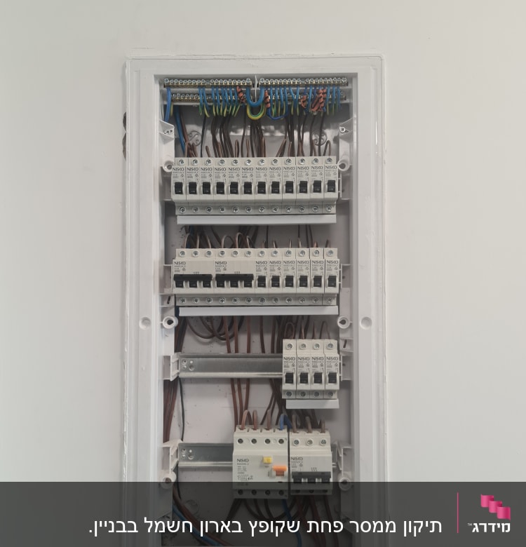 לוח חשמל עם מפסקים וחוטי חשמל צבעוניים